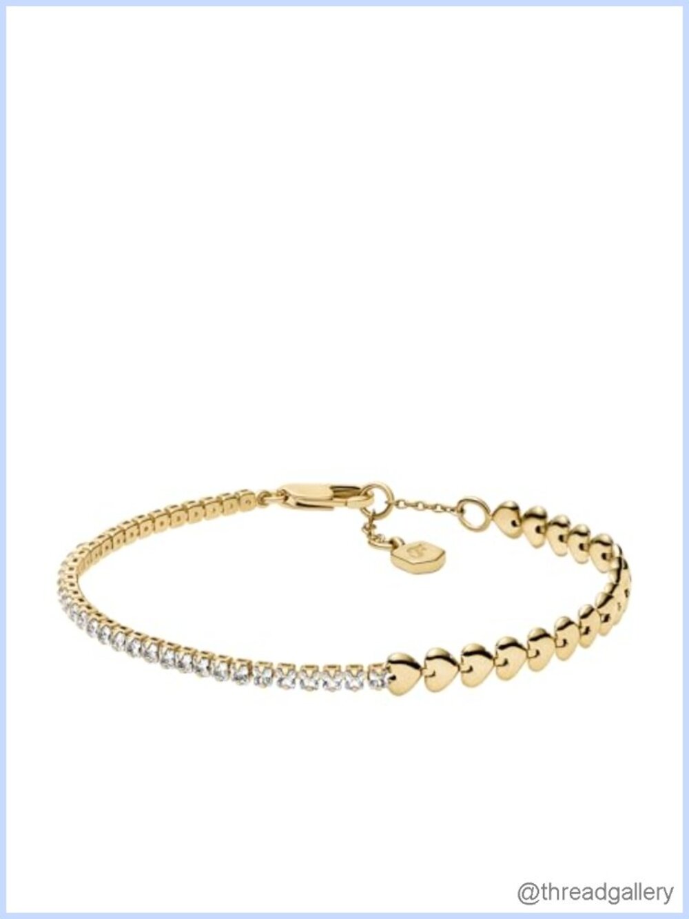 Gold Brass Tennis Chain Bracelet with Heart Links & Lobster Clasp